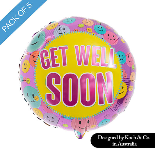 Foil Balloon 18" (45cmD) Pack 5 Get Well Soon Smiley Purple