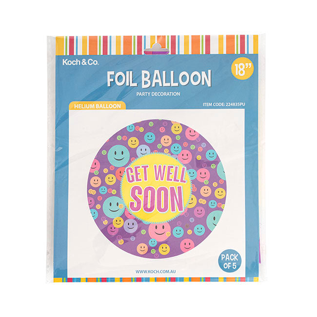 Foil Balloon 18" (45cmD) Pack 5 Get Well Soon Smiley Purple