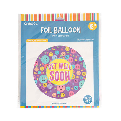 Foil Balloon 18" (45cmD) Pack 5 Get Well Soon Smiley Purple