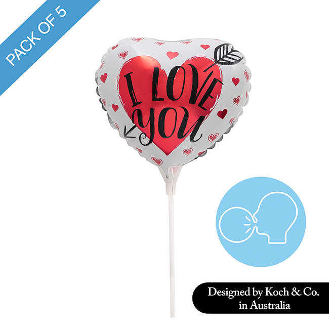 Foil Balloon 9" (22.5cmD) I Love You Arrow Pack 5 White