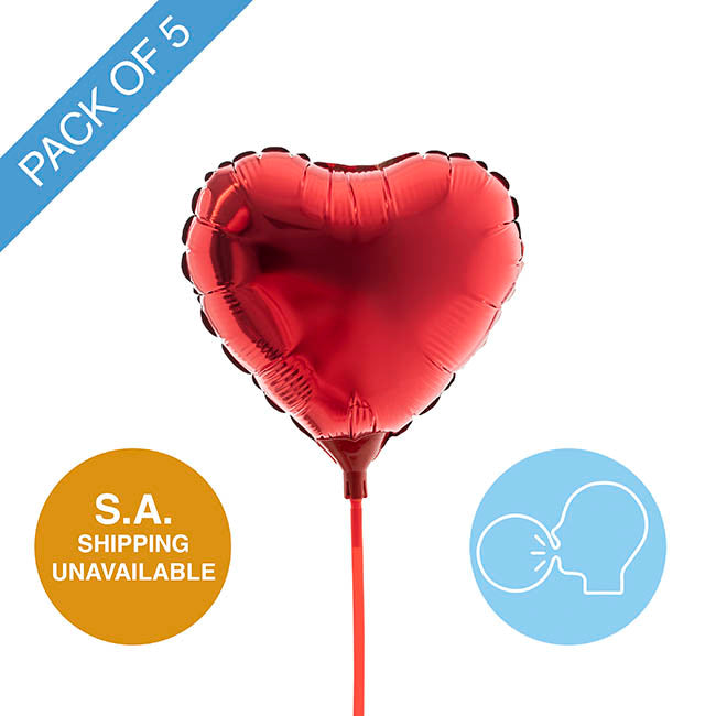 Foil Balloon 9" (22.5cmD) Pack 5 Air Fill Love Heart Red