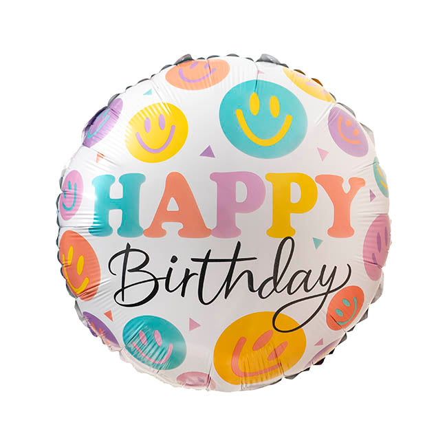 Foil Balloon 18" Happy Birthday Smiley White (45cmD)