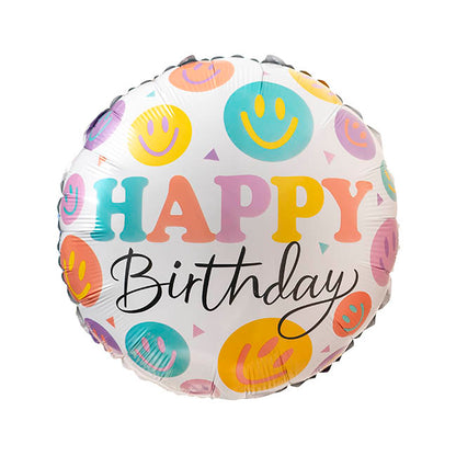Foil Balloon 18" Happy Birthday Smiley White (45cmD)