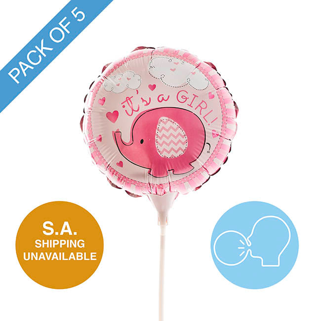 Foil Balloon 9" (22.5cmD)PK 5 AirFill RND Elephant Baby Girl