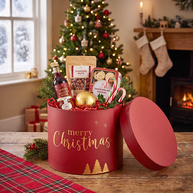 Flower Gift Hat Box Round Merry Xmas Red Gold(15cmWx13.5cmH)