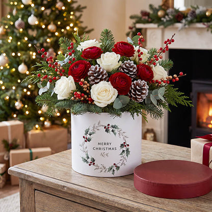 Flower Gift Hat Box Round Xmas Wreath Red (15cmWx13.5cmH)