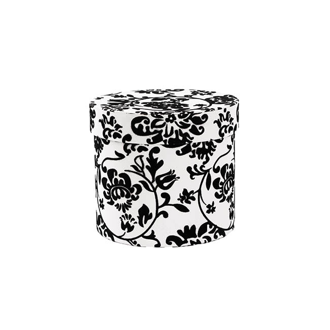 Flower Gift Hat Box Floral Flocked BlackWhite(15cmWx13.5cmH)