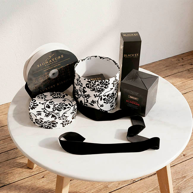 Flower Gift Hat Box Floral Flocked BlackWhite(15cmWx13.5cmH)