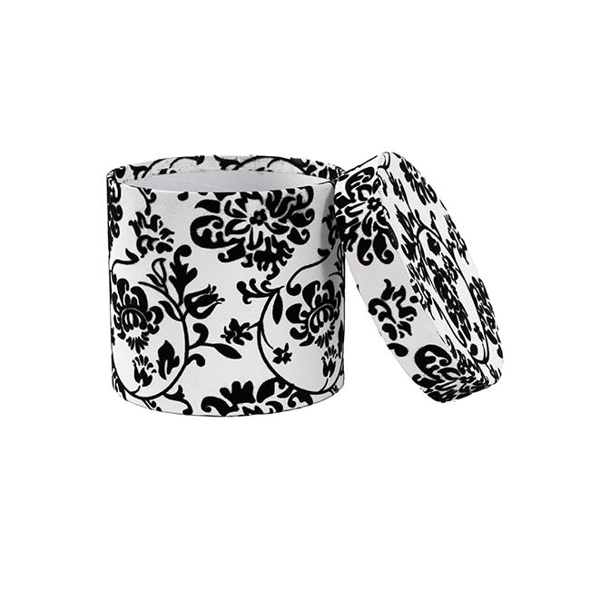 Flower Gift Hat Box Floral Flocked BlackWhite(15cmWx13.5cmH)