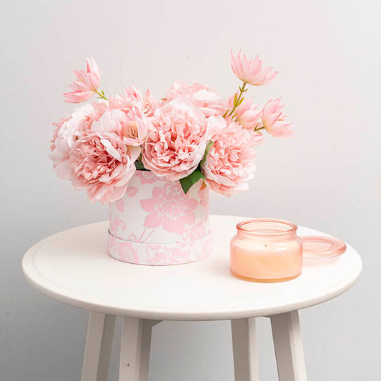 Flower Gift Hat Box Floral Flocked Pink White(15cmWx13.5cmH)