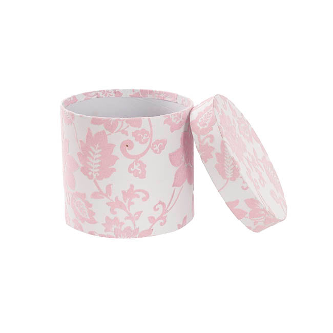 Flower Gift Hat Box Floral Flocked Pink White(15cmWx13.5cmH)