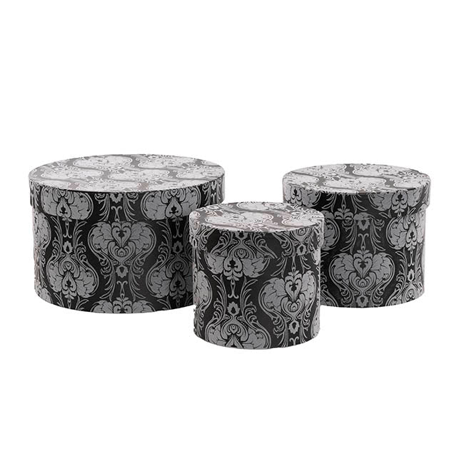 Flocked Gift Box Round Damask Black White Set 3(25cmDx15cmH)