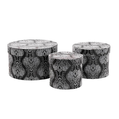 Flocked Gift Box Round Damask Black White Set 3(25cmDx15cmH)