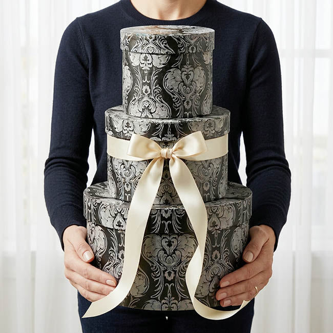 Flocked Gift Box Round Damask Black Set 3(25cmDx15cmH)