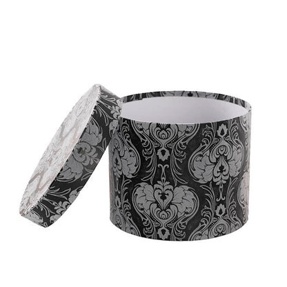Flocked Gift Box Round Damask Black White Set 3(25cmDx15cmH)