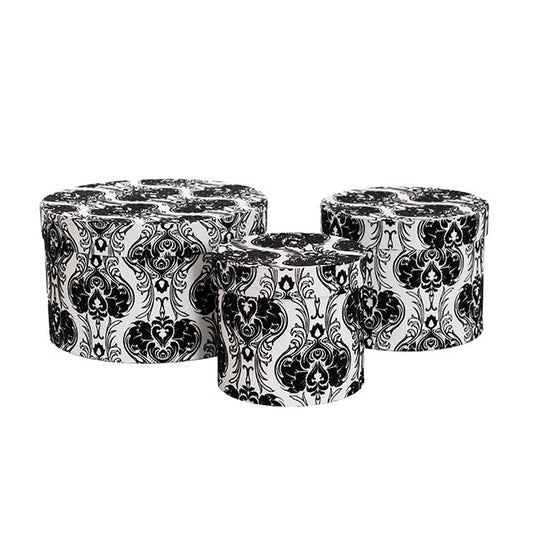 Flocked Gift Box Round Damask White Black Set 3(25cmDx15cmH)