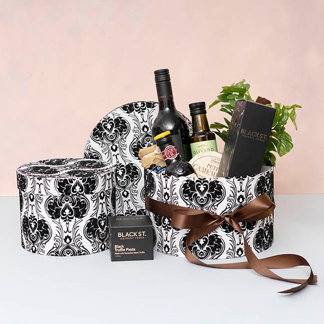 Flocked Gift Box Round Damask White Black Set 3(25cmDx15cmH)