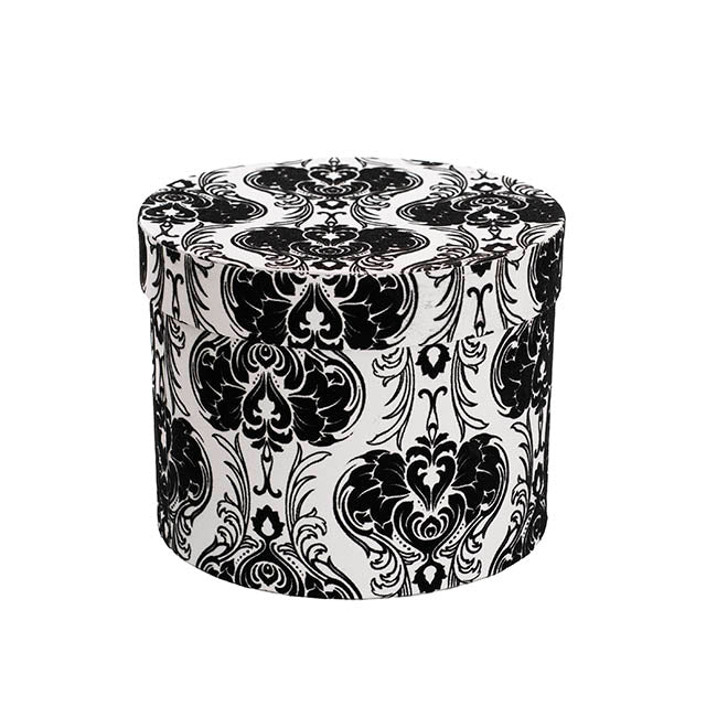 Flocked Gift Box Round Damask White Black Set 3(25cmDx15cmH)
