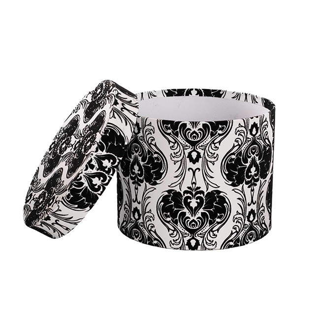 Flocked Gift Box Round Damask White Black Set 3(25cmDx15cmH)