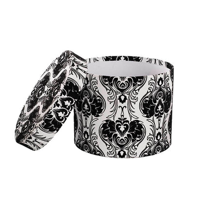 Flocked Gift Box Round Damask White Black Set 3(25cmDx15cmH)