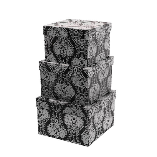 Flocked Gift Box Square Damask Black Set 3 (21.5x21.5x14cmH)