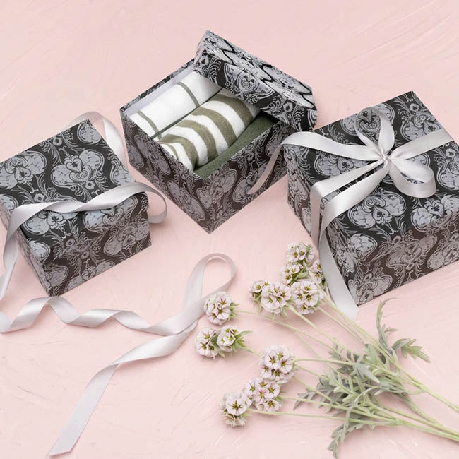 Flocked Gift Box Square Damask Black Set 3 (21.5x21.5x14cmH)