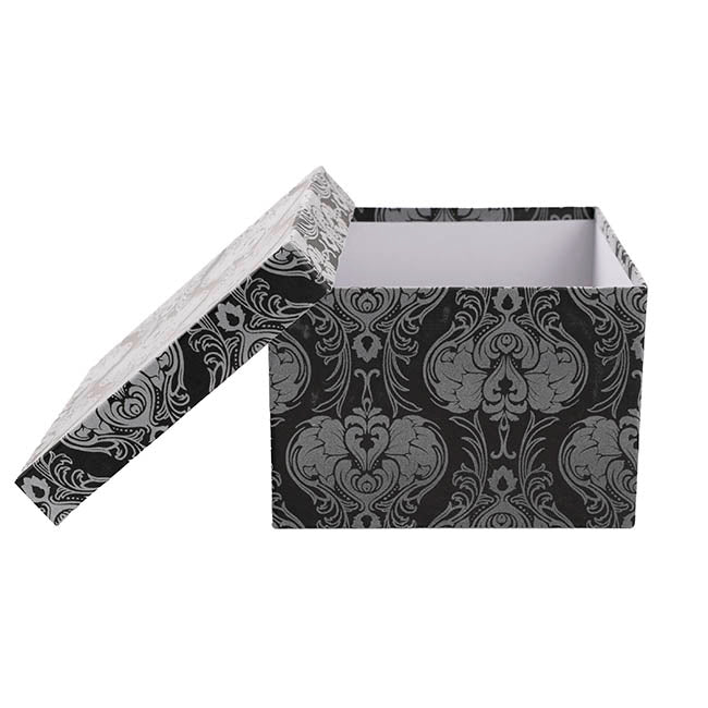 Flocked Gift Box Square Damask Black Set 3 (21.5x21.5x14cmH)