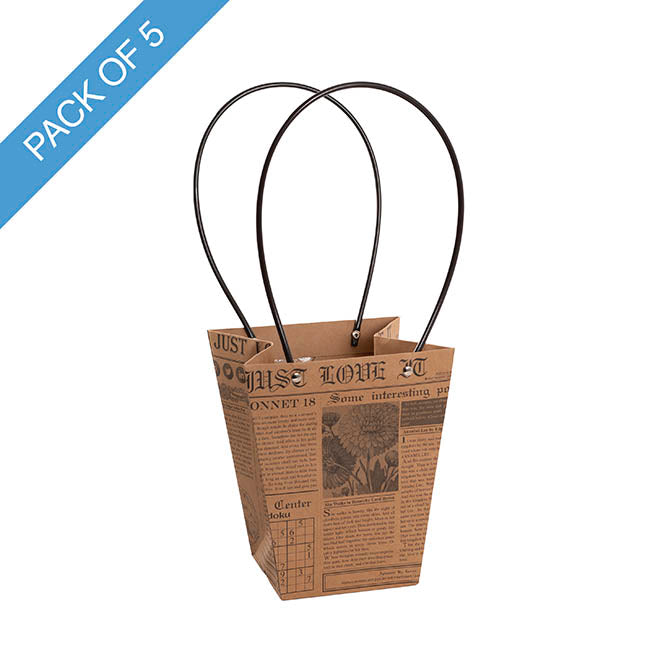 Flower Carry Bag Kraft Newsprint Medium Pk5 (12x17x20cmH)