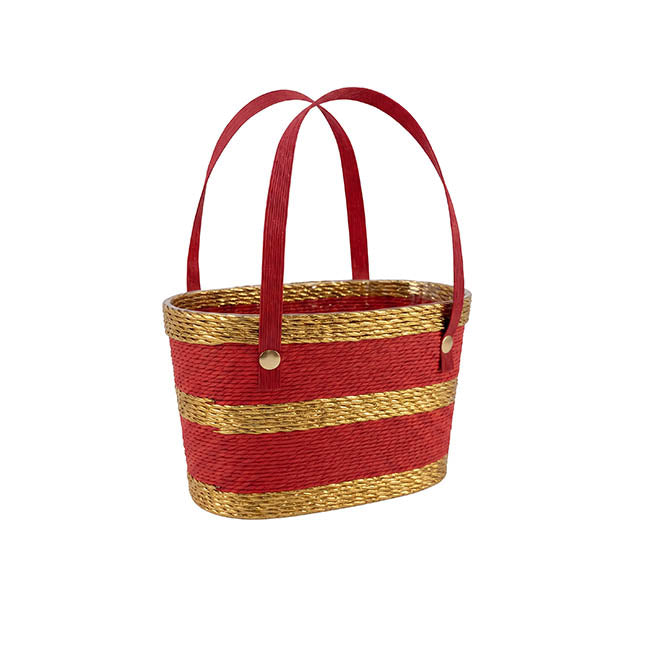 Flower Carry Paper Rope Basket w Liner Red Gold (18x9x13cmH)