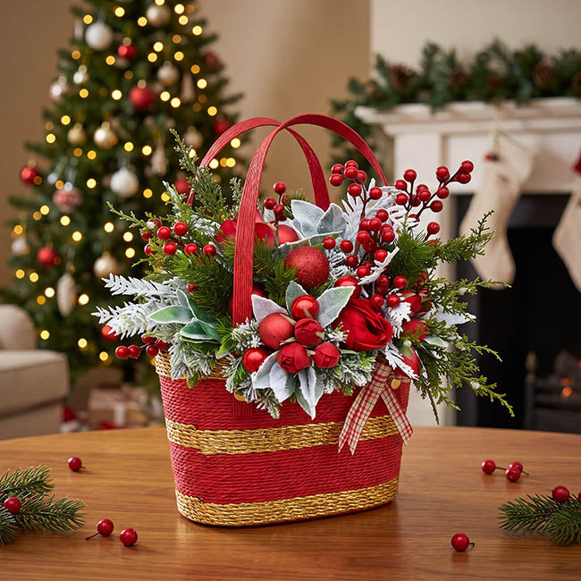 Flower Carry Paper Rope Basket w Liner Red Gold (18x9x13cmH)
