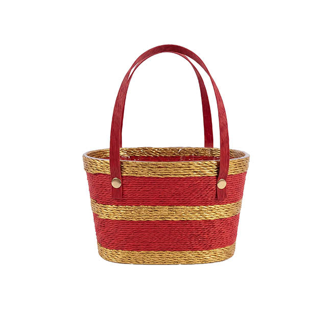 Flower Carry Paper Rope Basket w Liner Red Gold (18x9x13cmH)