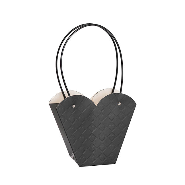 Flower Heart Carry Bag Embossed Black Pack 5 (23x10x20cmH)