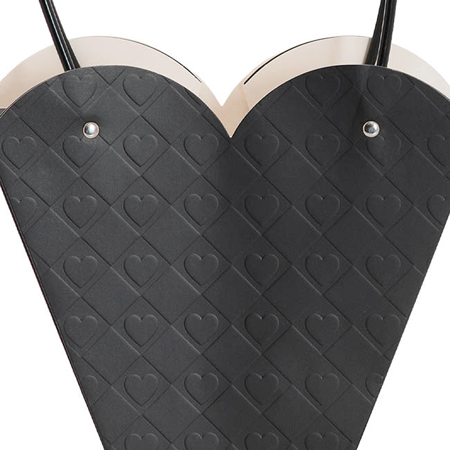Flower Heart Carry Bag Embossed Black Pack 5 (23x10x20cmH)