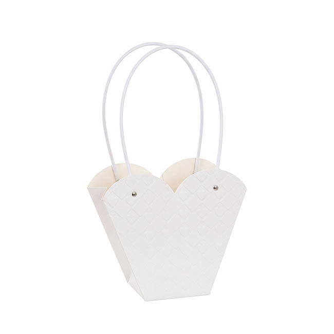 Flower Heart Carry Bag Embossed White Pack 5 (23x10x20cmH)