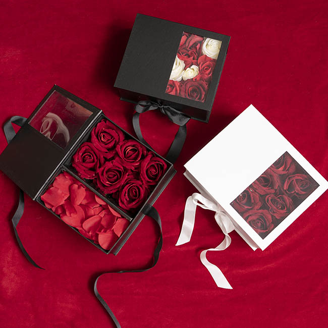 Luxe Gift Flower Box Window Ribbon Set 2 Black (24x20x11Hcm)