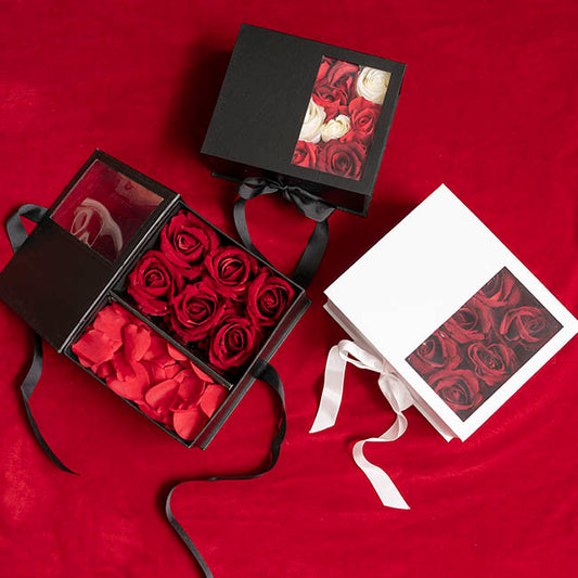 Luxe Gift Flower Box Window Ribbon Set 2 Black (24x20x11Hcm)