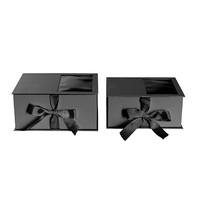 Luxe Gift Flower Box Window Ribbon Set 2 Black (24x20x11Hcm)