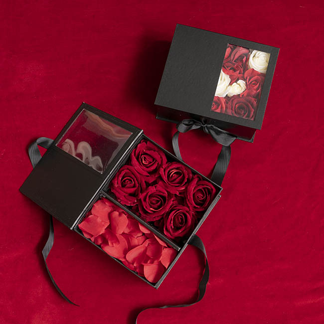 Luxe Gift Flower Box Window Ribbon Set 2 Black (24x20x11Hcm)