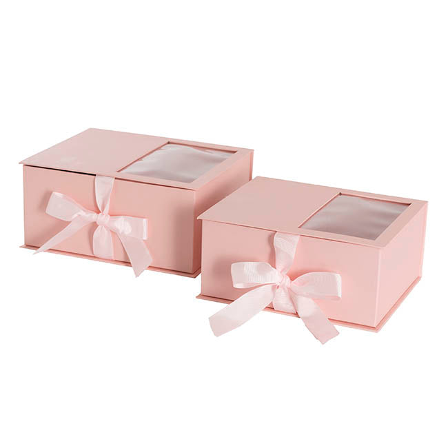 Luxe Gift Flower Box Window Ribbon Set 2 Pink (24x20x11Hcm)