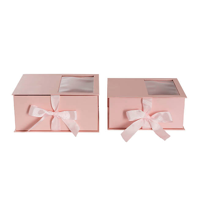 Luxe Gift Flower Box Window Ribbon Set 2 Pink (24x20x11Hcm)