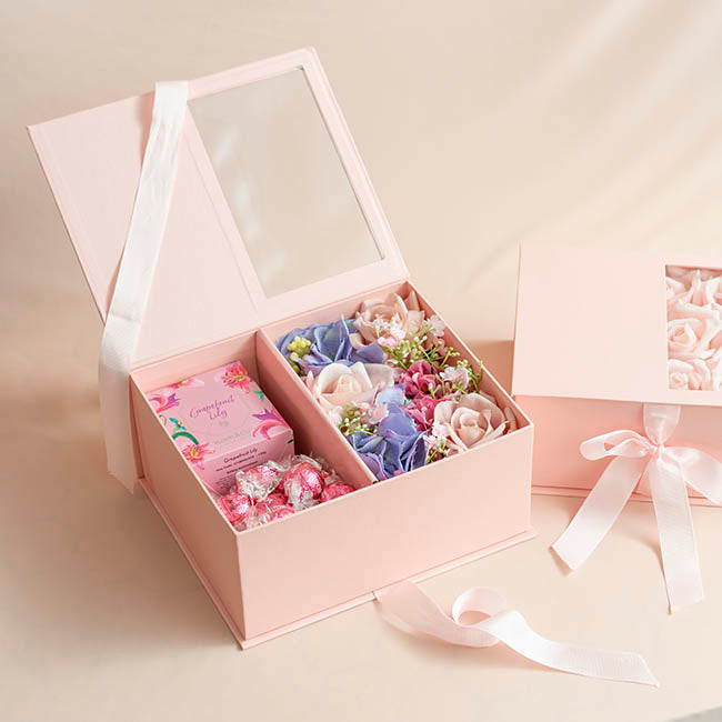 Luxe Gift Flower Box Window Ribbon Set 2 Pink (24x20x11Hcm)