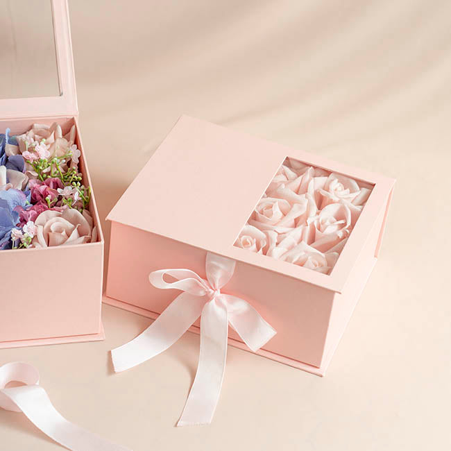 Luxe Gift Flower Box Window Ribbon Set 2 Pink (24x20x11Hcm)