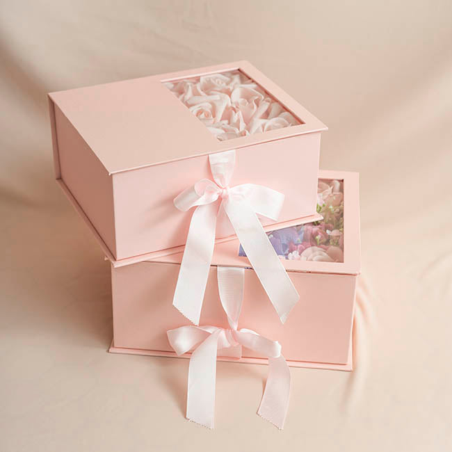 Luxe Gift Flower Box Window Ribbon Set 2 Pink (24x20x11Hcm)
