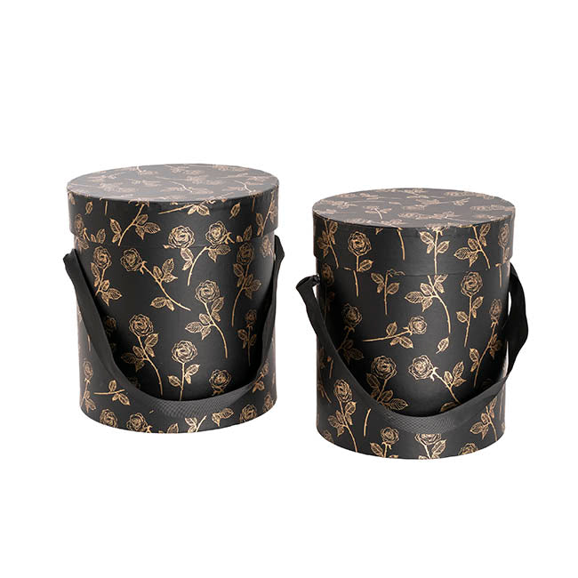 Hat Gift Box Deluxe Gold Foil Rose Black Set 2 (20Dx22cmH)
