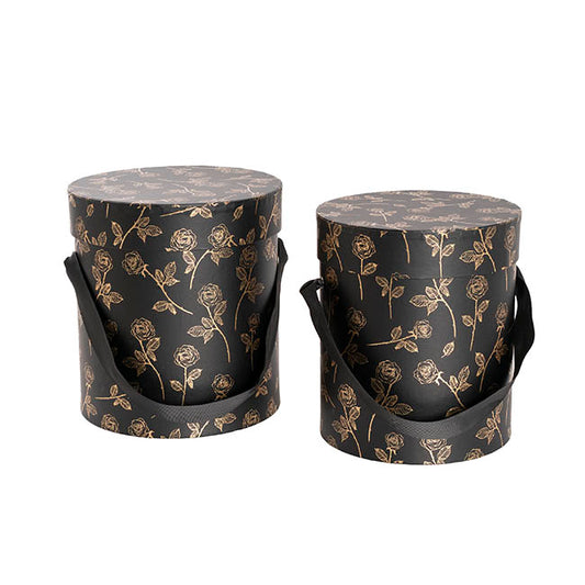 Hat Gift Box Deluxe Gold Foil Rose Black Set 2 (20Dx22cmH)