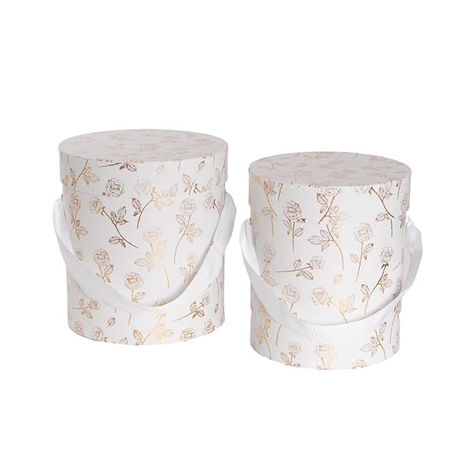 Hat Gift Box Deluxe Gold Foil Rose White Set 2 (20Dx22cmH)