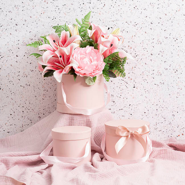 Flower Hat Box Petite Round Blush Pink Set 3 (17Dx13.5cmH)