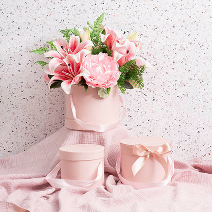 Flower Hat Box Petite Round Blush Pink Set 3 (17Dx13.5cmH)