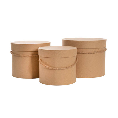 Flower Hat Box Petite Round Kraft Brown Set 3 (17Dx13.5cmH)