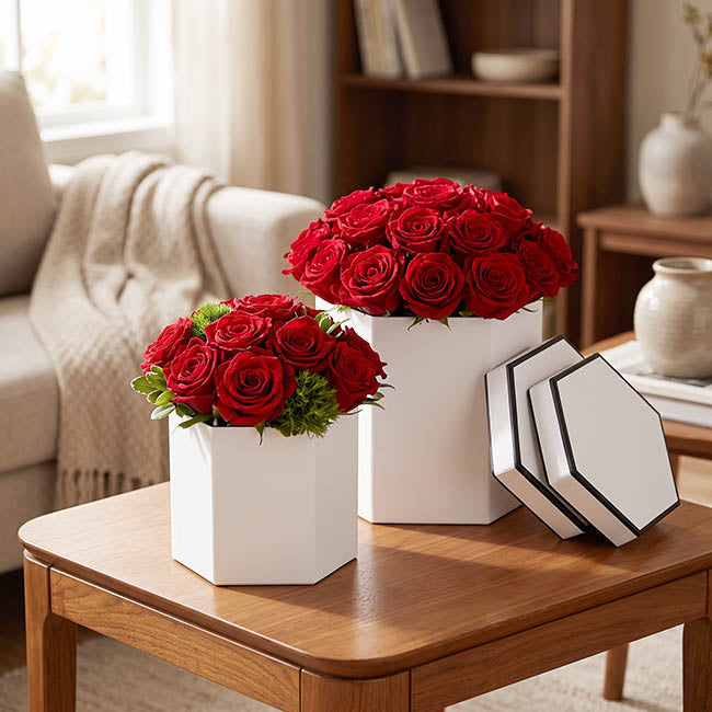 Hat Flower Gift Box Deluxe Hexagonal White (20x14cmH)